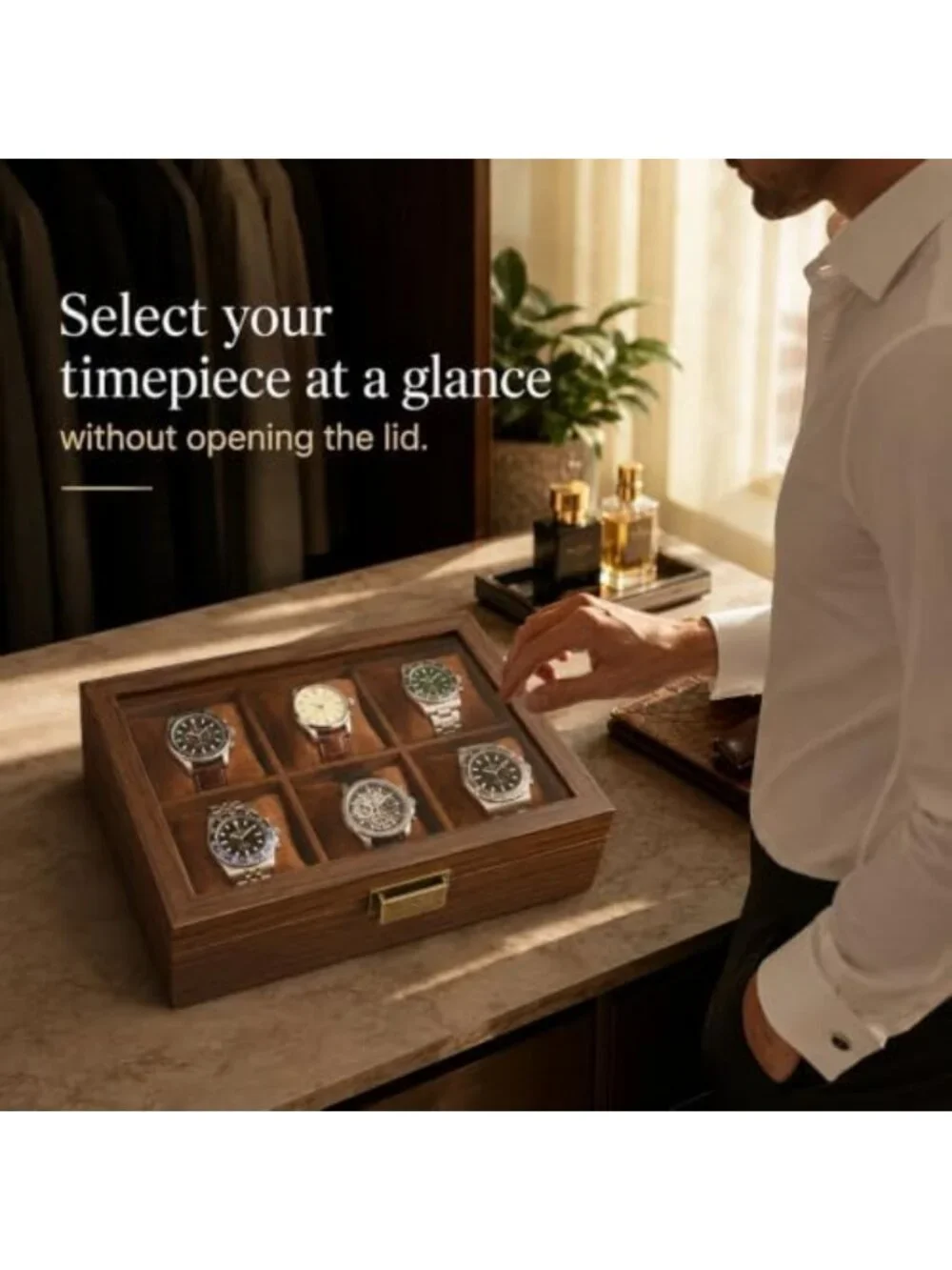 Stylish 6-Slot Wooden Watch Box with Glass Lid - Perfect Gift for Watch Lovers